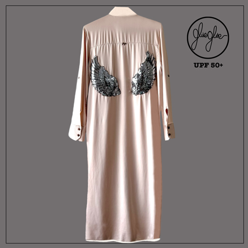 chemise rose com proteção uv bordado angel prata